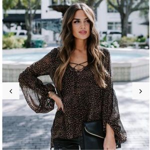 Vici boho chic lace up blouse with balloon sleeves